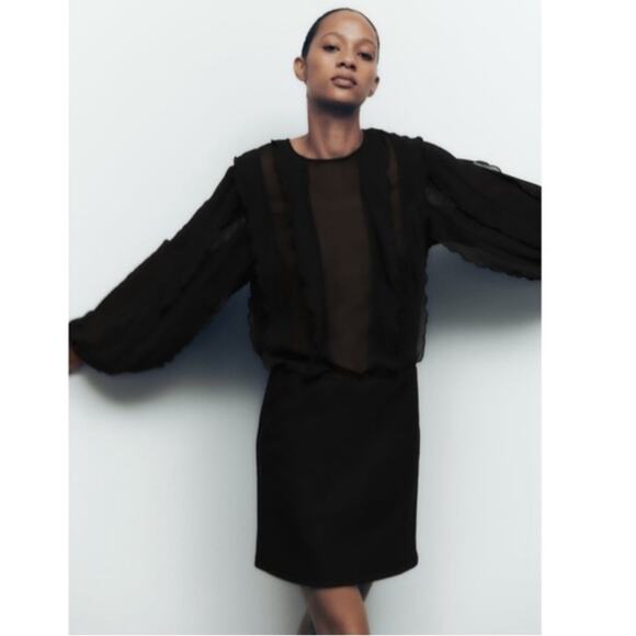 Zara Ruffled Mesh Mini Dress Black Size Small NWT Sheer witchy Grunge gothic - Picture 2 of 9